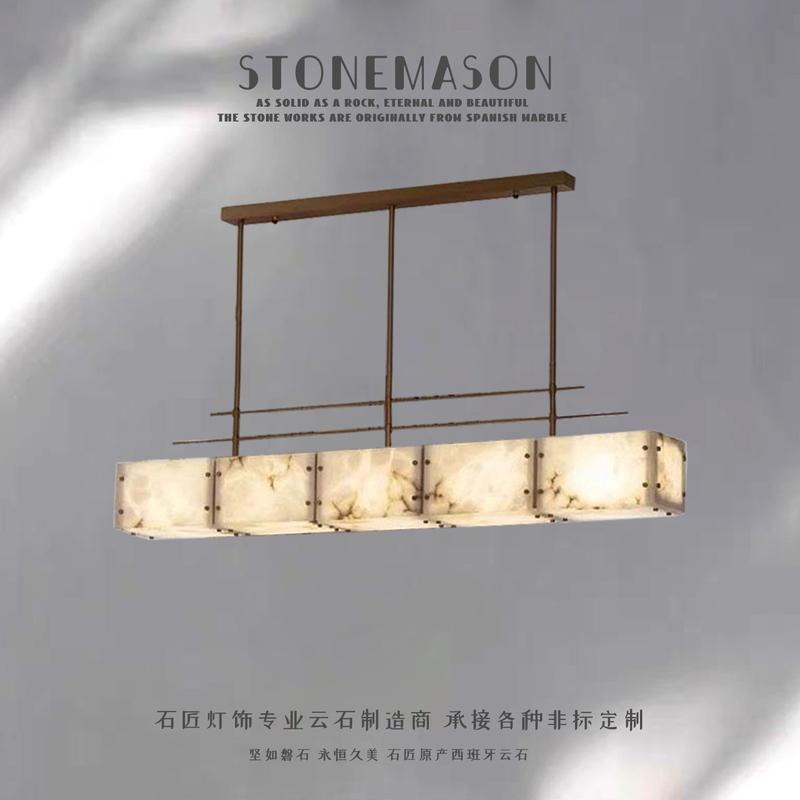 Marble Dining Room Chandelier, Natural Snowflake Stone, Warm Atmosphere Lighting, Chinese-Style Tea Room, Reception Room, Clubhouse, Island Table, All-Copper Lamp