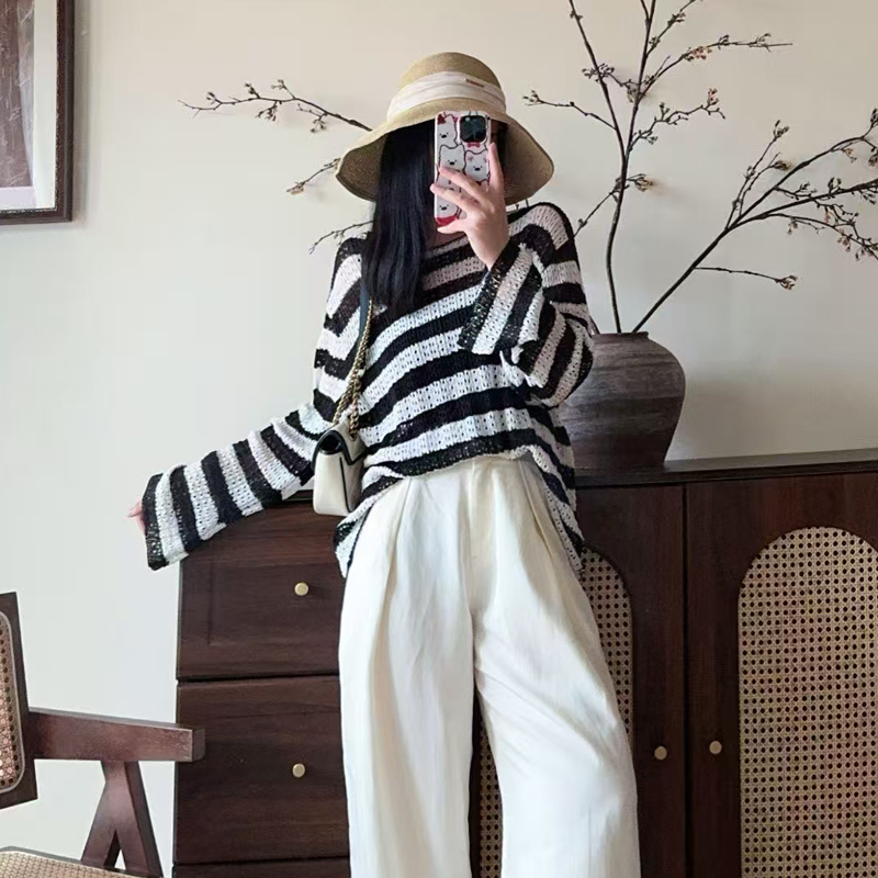 Japanese Paper Yarn Summer Thin Hollow-Out Knit Top with Flared Long Sleeves, Lazy Style Cover-Up, Ice Silk Loose Pullover Sun Protection Shirt for Women
