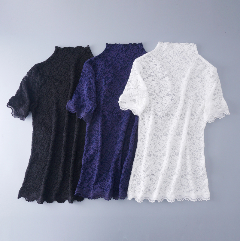 Autumn Korean Style Half-High Collar Slim Short-Sleeve Lace Top Short Blouse Base Shirt Women's Hollow Mesh Shirt Versatile