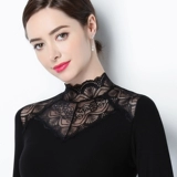 Кружевной шелковый приятный телу черный демисезонный утепленный лонгслив, облегающий крой