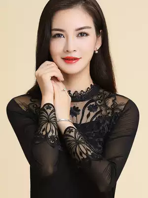 Lace net gauze base shirt stand neck top 2021 autumn wear Joker Hollow plus velvet slim shirt with long sleeve women