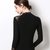 Кружевной шелковый приятный телу черный флисовый осенний лонгслив, высокий воротник