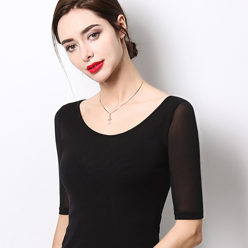 Mid-sleeve T-shirt mesh base shirt 2020 Spring New Half sleeve size low neck slim slim half-sleeved shirt long sleeve