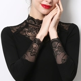 Кружевной шелковый приятный телу черный флисовый осенний лонгслив, высокий воротник