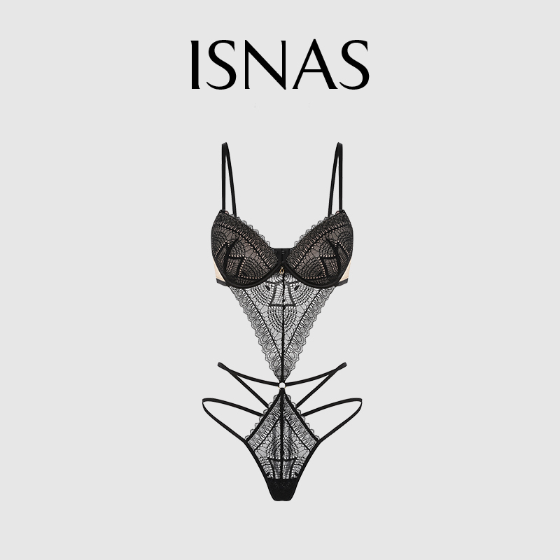 French Isnas Sexy Pajamas for Women, New Pure Desire Style Black Lace Camisole Lingerie Jumpsuit Loungewear