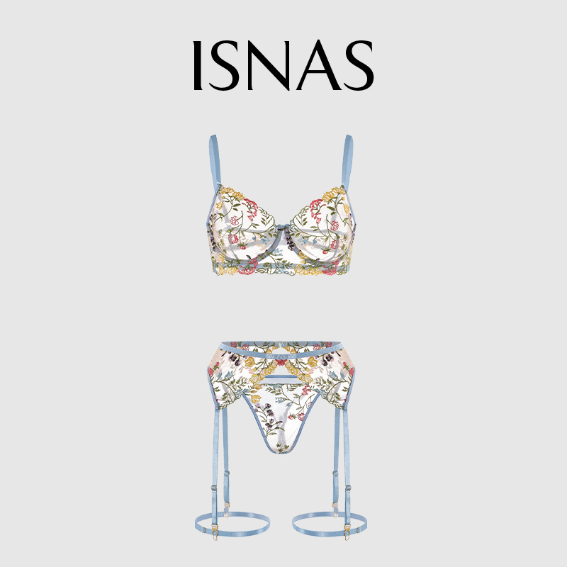 French Isnas French Sexy Intimates Women's Summer Floral Bra Garter Belt Thong with Leg Rings Three-Piece Set French Isnas French Sexy Intimates Women's Summer Floral Bra Garter Belt Thong with Leg Rings Three-Piece Set
