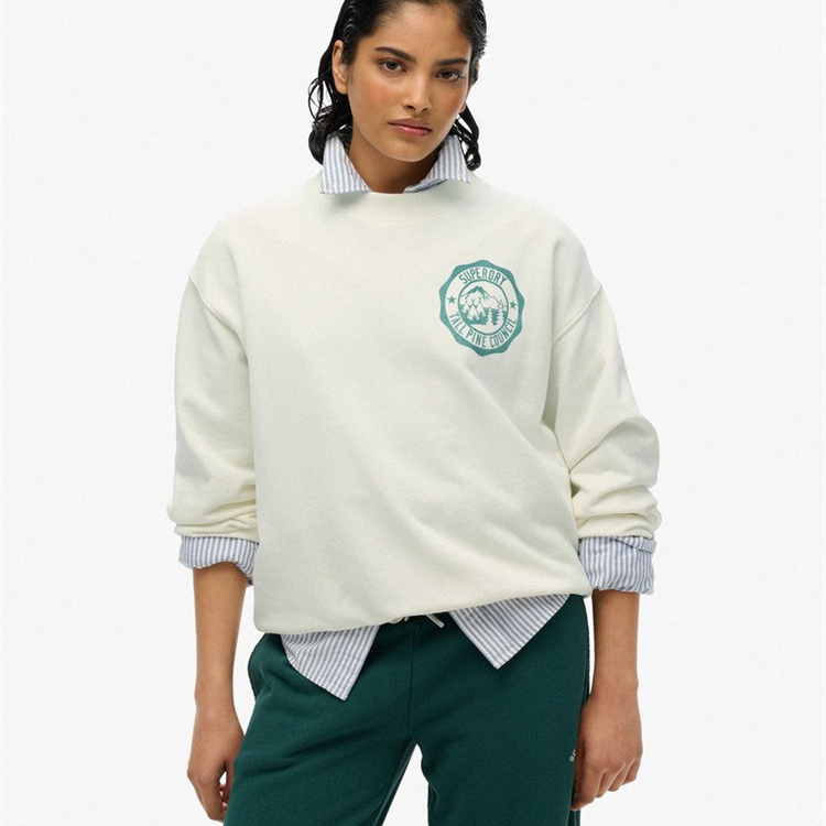 Light Luxury Export Round-Neck Pullover Sports Cotton Sweatshirt for Women, Loose Fit, Spring and Autumn, Terry Fabric with Print