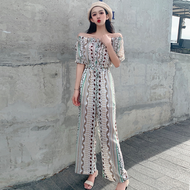 VK旗艦店 韓系一字領露肩碎花寬口褲套裝短袖褲裝