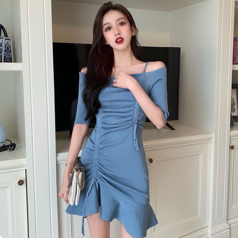 VK旗艦店 韓系性感露肩不規則抽繩短袖洋裝