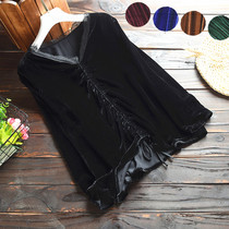 Real velvet long sleeve top autumn and winter new female v collar loose thin T-shirt careful machine drawstring golden velvet base shirt