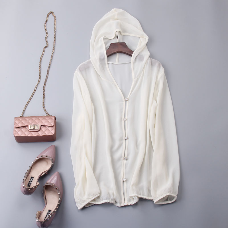 2121 summer boutique sweater silk sunscreen hooded long-sleeved cardigan 100 mulberry silk white blouse see-through top