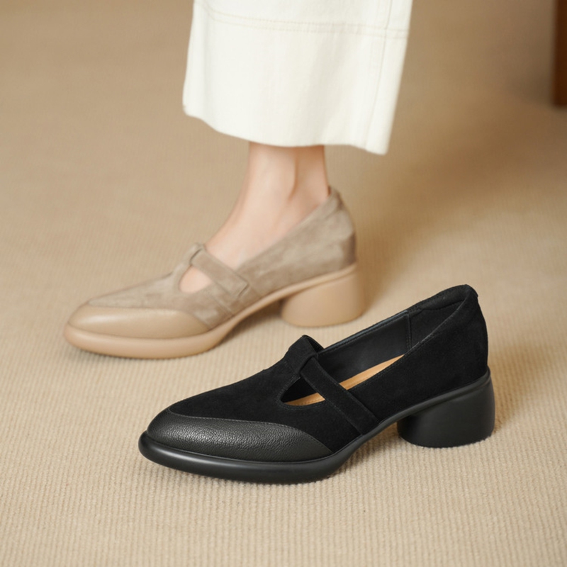 French-Style British Pointed-Toe Slip-On Loafers for Women, Retro Suede Patchwork Chunky High-Heeled Leather Shoes
