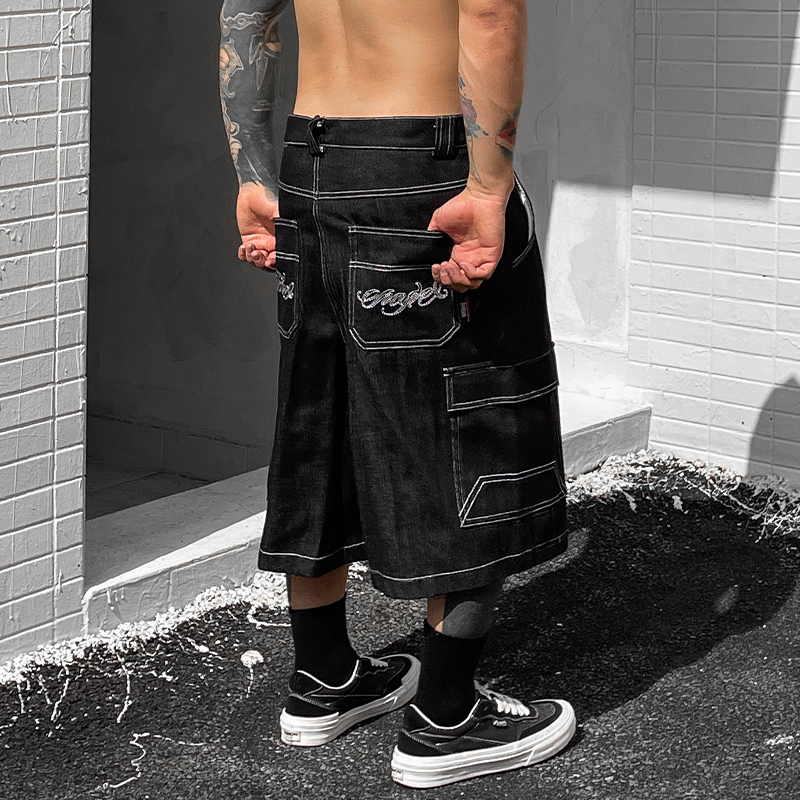 Trendy American-Style Embroidered Loose-Fitting Knee-Length Denim Shorts for Men, Trendy Brand West Coast Chicano