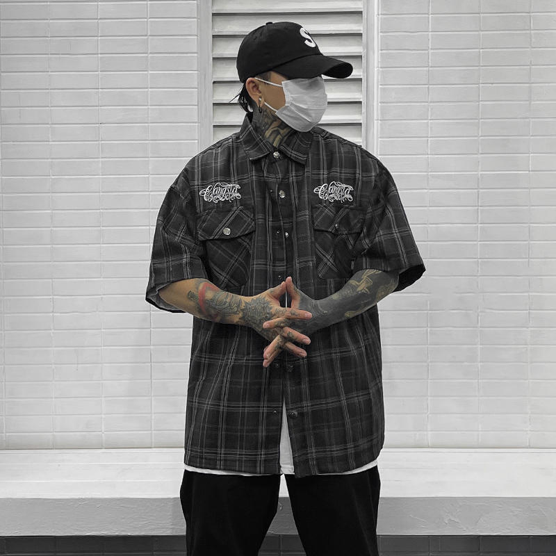Trendy American West Coast Embroidered Plaid Shirt for Men, Thin, Loose, Large Size, Street Hip-Hop Short-Sleeved Summer Shirt