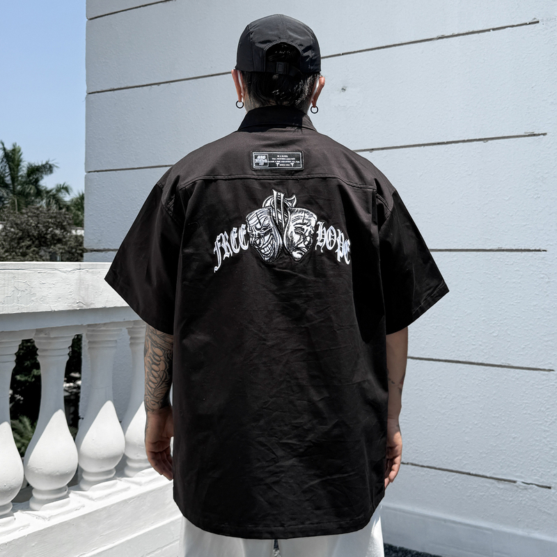 Trendy American Retro West Coast Embroidered Work Shirt for Men, Oversized Hip-Hop Large Size Short-Sleeve Shirt Trendy American Retro West Coast Embroidered Work Shirt for Men, Oversized Hip-Hop Large Size Short-Sleeve Shirt