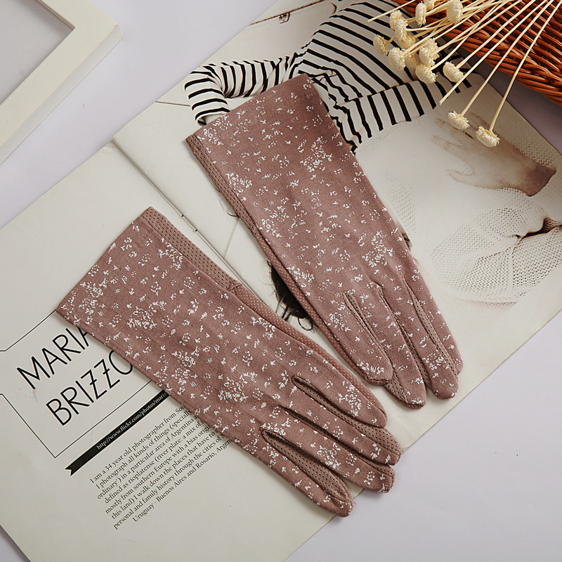 Spring and summer sun protection gloves women's riding and driving pure cotton thin section floral anti-ultraviolet anti-slip touch screen short gloves