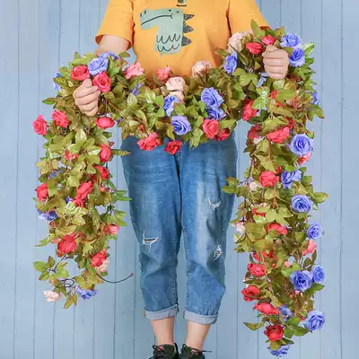 Simulation rose fake flower vine wall hanging winding air conditioning water pipe shielding decorative living room ceiling plastic plant