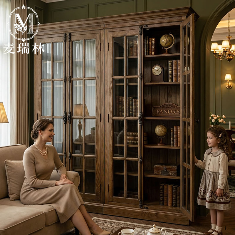American-Style Solid Wood Bookcase, Oak Vintage Bookcase with Glass Doors, Living Room Study Floor-Standing Storage Cabinet, Full Wall Bookshelf