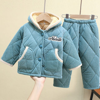 Winter thickened children's pajamas boys three-layer quilted flannel suit boys and girls baby plus fleece home clothes