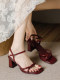Summer burgundy high-heeled shoes for women 2025 new thick heel square toe strap with skirt fashion Roman sandals
