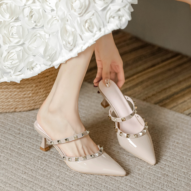Rivet Nude High-Heeled Slip-On Mules for Women 2026 New Pointed Toe Stiletto Lazy Shoes Mid-Heel Closed-Toe Mules Rivet Nude High-Heeled Slip-On Mules for Women 2026 New Pointed Toe Stiletto Lazy Shoes Mid-Heel Closed-Toe Mules