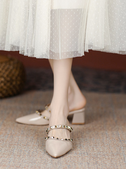 Muller High Heels, spitzer Zehenbereich, dicker Absatz, Zehen-Zehen-Schlepp, mittlerer Absatz, nackte Nieten, Rock, Halbpantoffeln für Damen