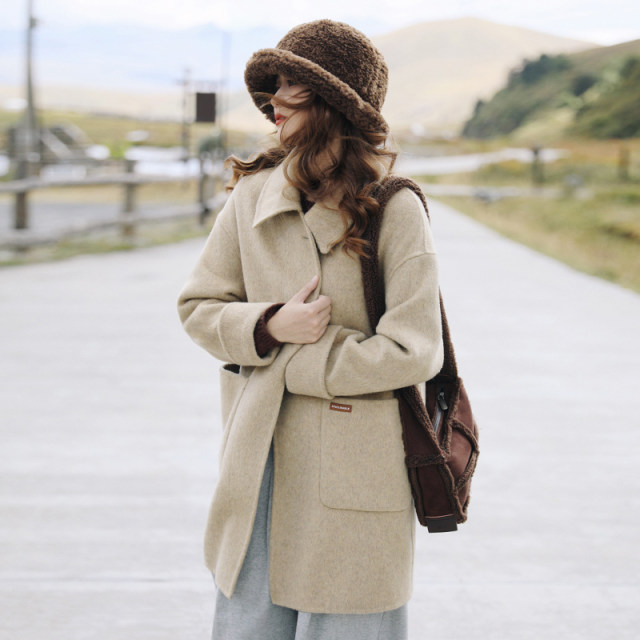 花吉B875奶茶色宽松中长款羊毛双面呢女2025新款秋冬学院风大衣