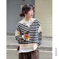 Flower Ji A728 navy blue lapel stripe design sense cotton this year popular womens sweater without hat 2021 New