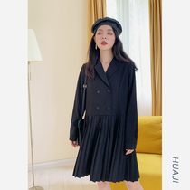 Hua Ji black suit pleated dress design sense niche 2021 spring new temperament long-sleeved skirt Q007