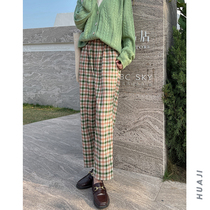 Huaji K962 green retro elastic waist straight tube Plaid casual pants women 2021 New Spring pants plaid pants