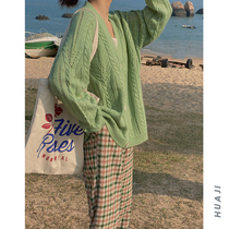 Flower Ji A751 green lazy wind gentle thin mohair knitted cardigan sweater womens 2021 New sweater