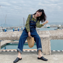 Flower Ji K979 Blue Line big pocket strap jeans women 2021 new dark denim pants