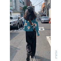 Hua Ji blue knitted cardigan jacket womens spring and autumn Korean version of thin loose sweater v-neck top sweater a153