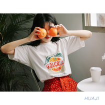 Hua ji orange retro printing white t-shirt womens summer short-sleeved ins2021 new cotton loose top A377