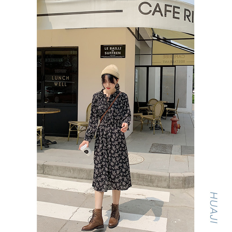 Flower gig black snow spinning crushed flower Spring loaded with female light cooked wind to collect waist lacing temperament for spring and autumn long sleeves Q019