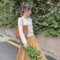 Flower Ji A740 beige curl edge color color inboard long sleeve T-shirt women 2021 New loose base shirt