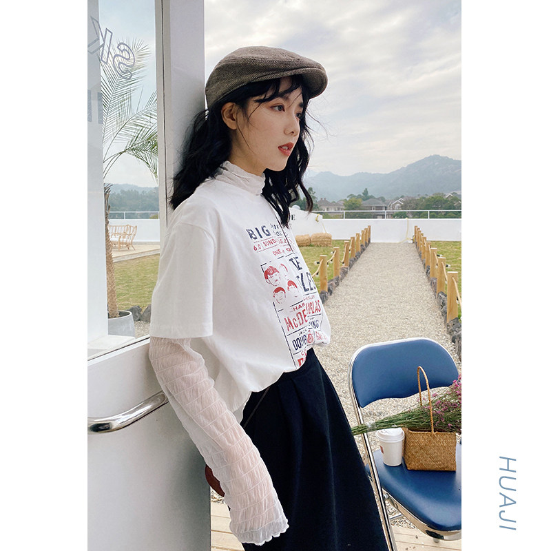 Flower gig white high collar pleated lace inner hitch undershirt female web yarn long sleeve foreign pine sweatshirt 2022 new A367