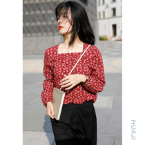 Flower gig A591 red French style vintage lantern sleeve short square collar cramps Shirtshirt Woman Long Sleeve Loose Shirt