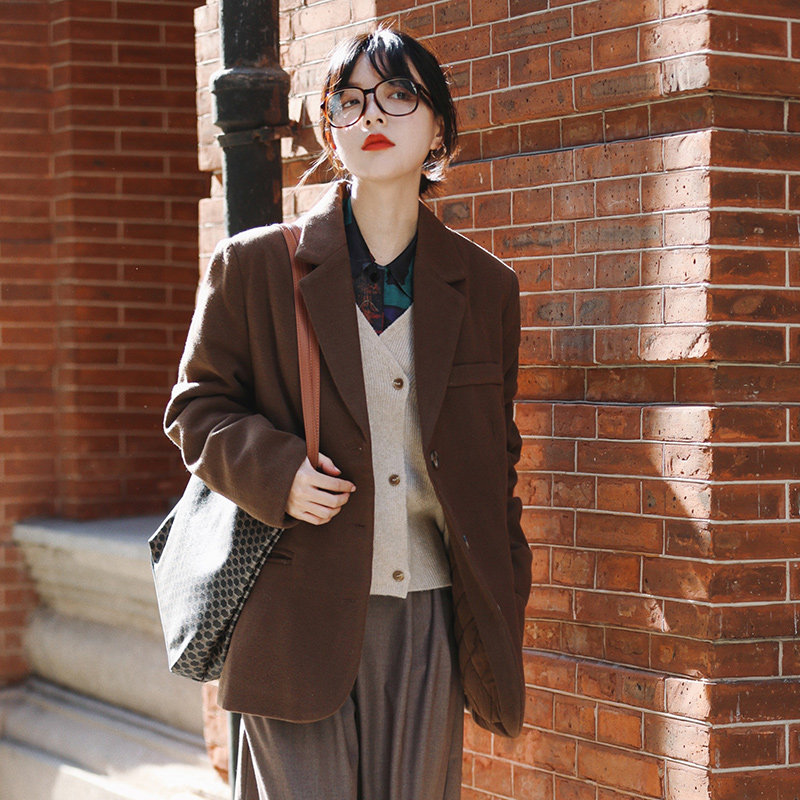 Huaji A665 Coffee Color Retro Autumn and Winter Quilted Cotton Wool Suit Padded Jacket Female Korean Version Loose 2022