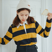 Hua Ji Y863 retro literature and art wide striped long-sleeved T-shirt girl small loose polo collar bottom top 0108