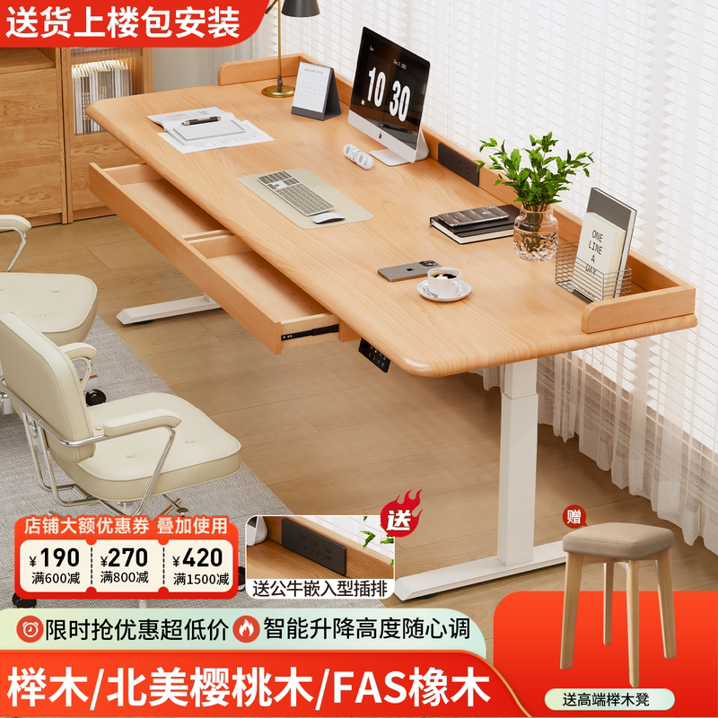 Solid Wood Electric Lift Table with Enclosure, Office Computer Desk, Home Bedroom Study Table, Adjustable Double Gaming Table