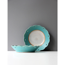 Spot Japanese imported pottery writer タ ケ handmade rough pottery blue glaze 21cm flower-shaped basin Bowl