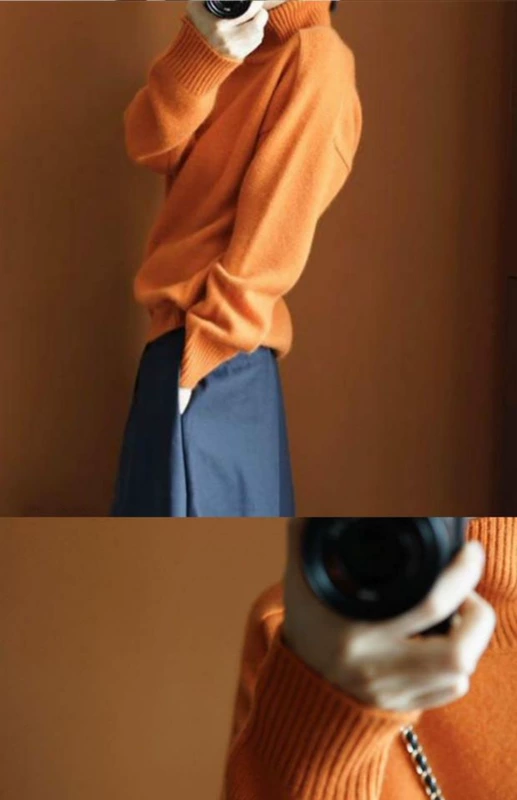 Giải phóng mặt bằng đặc biệt cung cấp lỏng áo len cashmere màu cam nữ cổ áo len cao cổ đáy quần áo len mũ trùm đầu lười biếng áo len nữ