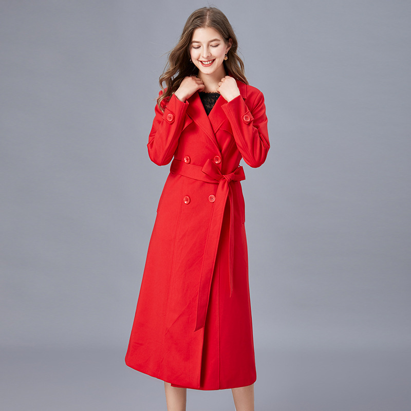 Extra Large Size Women's Long Trench Coat for Plus-Size Women (200-220 Jin), Red, Suitable for Brides for Wedding Return Ceremonies, Casual Over-The-Knee Coat