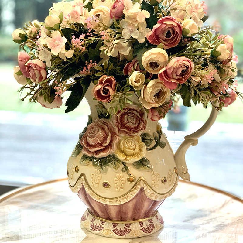 Ceramic large number of embossed rose single ear big water tank Single handle large vase with water to put flowers dry flower emulation flowers