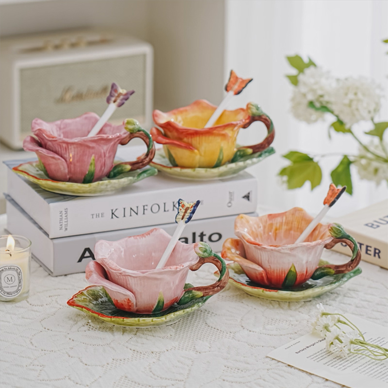 Creative and Trendy Rose Flower Ceramic Coffee Cup and Saucer Set for Home Afternoon Tea, Tea Set with Cup, Saucer, and Spoon