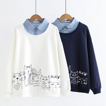 MM5122 spring new Japanese style college style cartoon hem printing kitten denim collar fake two-piece pullover sweater