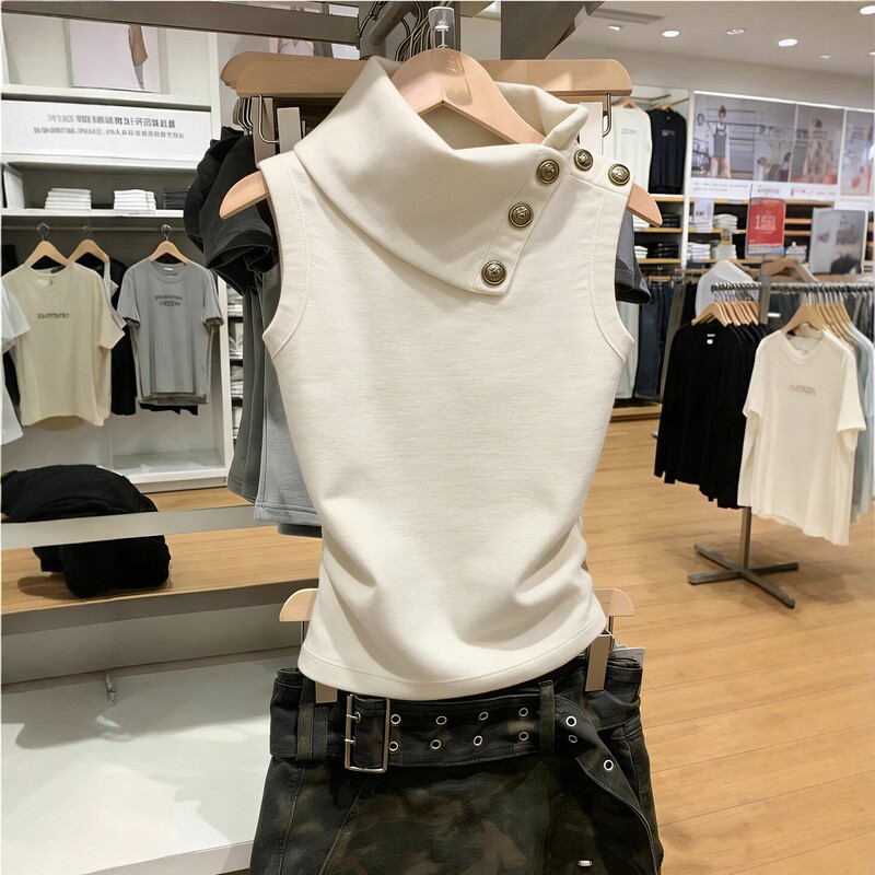 Shenzhen Nanyou Big Brand Women's High-Neck Sleeveless Vest, New Summer Style, Waist-Cinching, Slimming, Versatile Gray Apricot Top