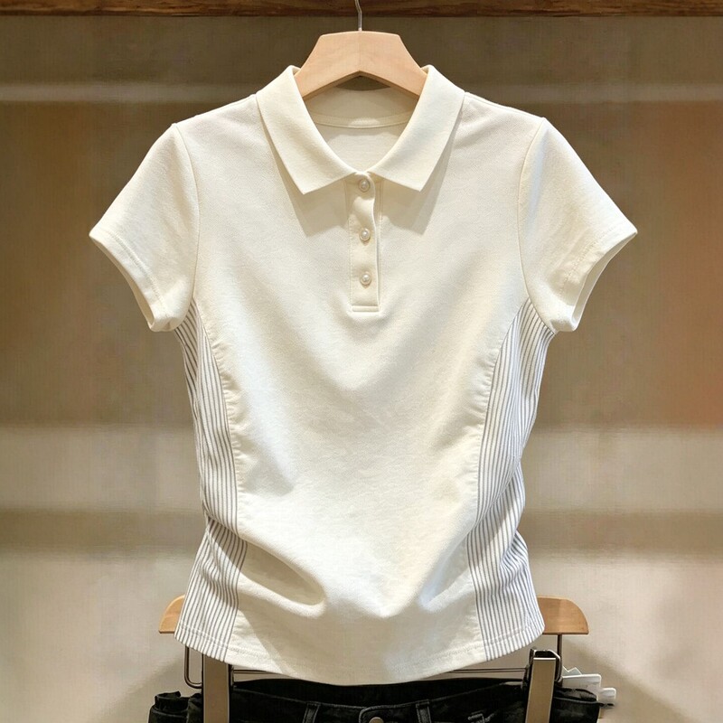Shenzhen Nanyou Big-Name Women's Clothing Lapel Polo Short-Sleeve T-Shirt with Vertical Stripes, Patchwork, Waist-Cinching, Pleated, Slim-Fit Top, Trendy