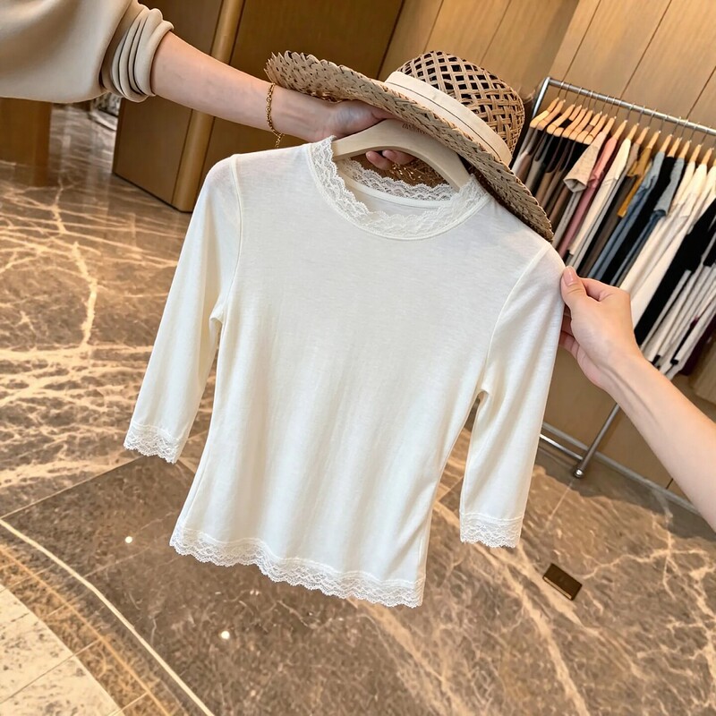 Shenzhen Nanyou Big Brand Women's Clothing 2026 Autumn Gentle Style Round Neck Patchwork Lace Three-Quarter Sleeve Slim Fit Inner T-Shirt Shenzhen Nanyou Big Brand Women's Clothing 2026 Autumn Gentle Style Round Neck Patchwork Lace Three-Quarter Sleeve Slim Fit Inner T-Shirt